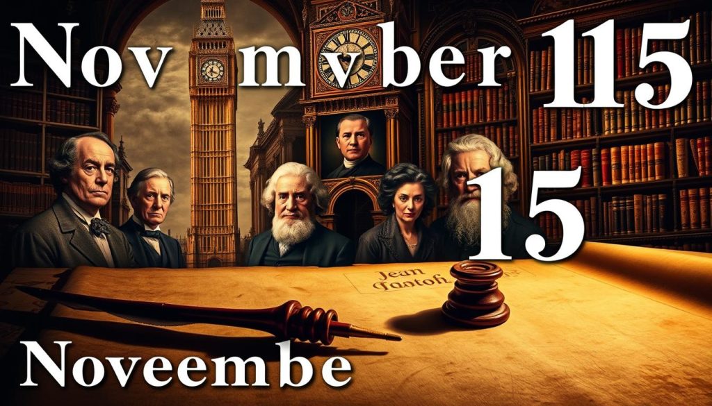 A meticulously detailed historical tapestry, showcasing seminal events and figures from November 15th. In the foreground, a dramatic scene of a quill and inkwell casting long shadows on an antique parchment, symbolizing the chronicling of history. In the middle ground, lifelike portraits of renowned historical icons, their gazes piercing through time. The background blends timeless architectural elements - a grand, ornate clock tower and ancient libraries filled with tomes - evoking a sense of legacy and the passage of eras. The lighting is warm and muted, evoking a nostalgic and reflective atmosphere, inviting the viewer to immerse themselves in the richness of historical milestones.