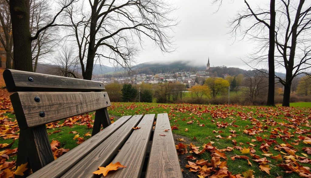 A serene and autumnal November 24th scene, captured with a wide-angle lens and soft, diffuse lighting. In the foreground, a wooden park bench, its planks weathered by time, sits amidst a scattering of fallen leaves in warm hues of amber, ochre, and crimson. The middle ground is filled with a lush, verdant landscape of trees, their branches barren, casting long shadows across the ground. In the distance, a picturesque town nestled between rolling hills, its quaint buildings and church steeple visible through the mist. The sky above is a muted, overcast palette of grays and blues, lending an air of tranquility and contemplation to the scene. This November 24th overview captures the essence of the season, inviting the viewer to pause and appreciate the quiet beauty of the day.