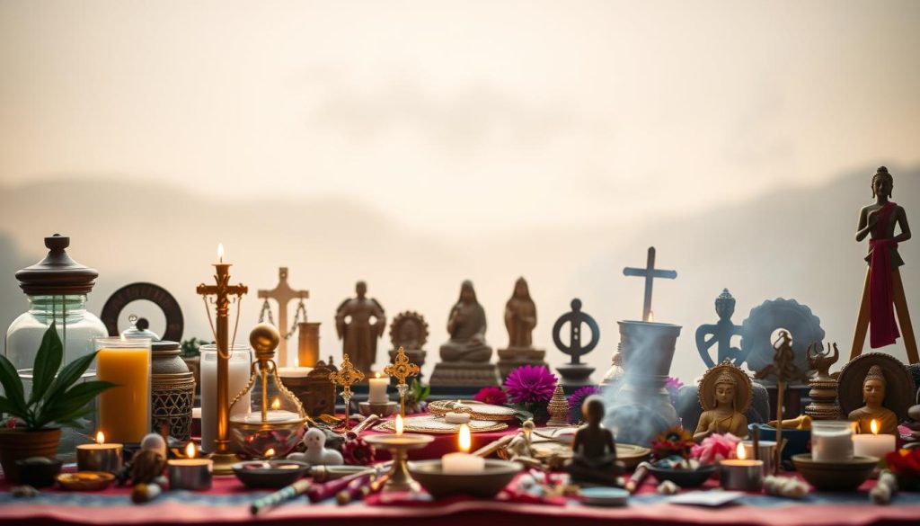 A serene and contemplative scene of various cultural observances and awareness days. In the foreground, a diverse array of symbolic objects and items representing different traditions and beliefs - candles, incense, flowers, small statues, or ceremonial items. In the middle ground, a soft, diffused lighting illuminates the scene, creating a warm and meditative atmosphere. The background is hazy and blurred, suggesting an out-of-focus landscape or setting that feels timeless and universal. The overall composition evokes a sense of reverence, inclusivity, and the interconnectedness of diverse cultural practices and observances.