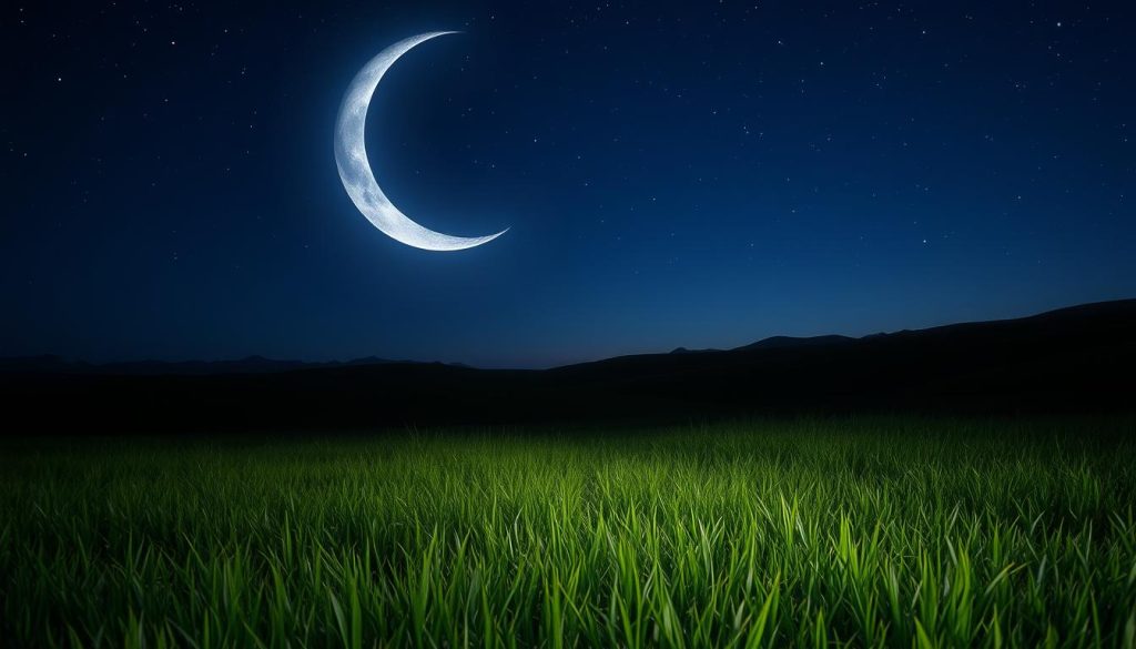 A serene and ethereal Libra moon hovers in a midnight sky, bathing the landscape in a soft, silvery glow. The crescent moon's gentle curves are punctuated by delicate stars that twinkle like diamonds, creating a sense of tranquility and harmony. In the foreground, a lush, verdant meadow stretches out, its grasses swaying softly in the breeze. In the distance, a range of rolling hills rises up, their silhouettes casting long shadows across the scene. The overall mood is one of balance, grace, and contemplation, perfectly capturing the essence of the Libra moon.