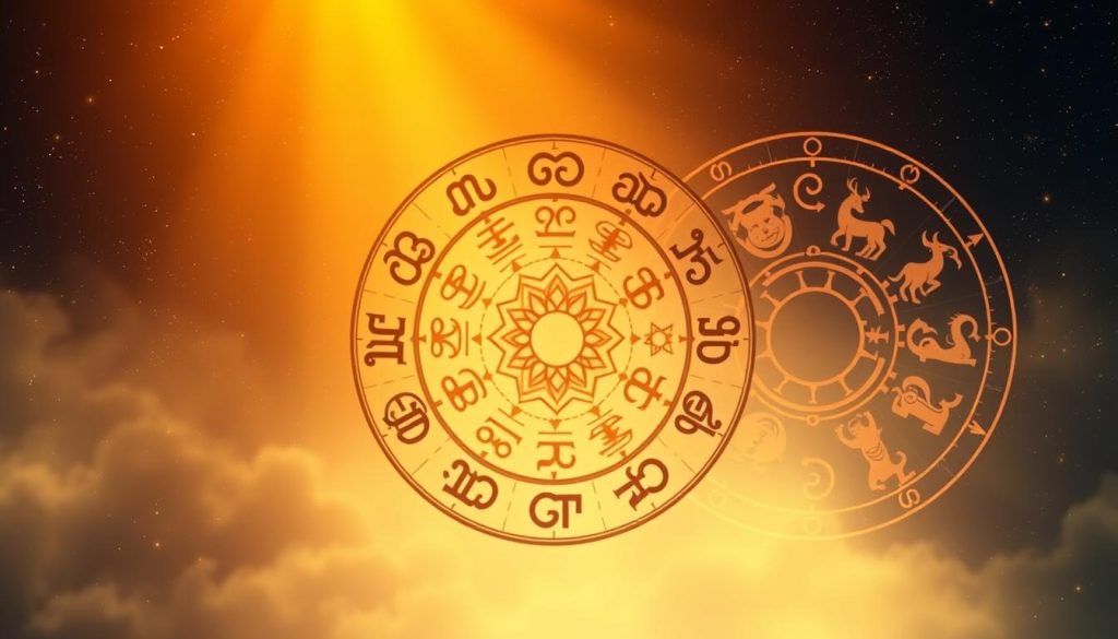 A serene astrological illustration showcasing the interwoven zodiac signs. In the foreground, a central circular motif displays the twelve Western zodiac symbols in an intricate arrangement, their archetypal energies subtly radiating. The middle ground features a nested set of Vedic zodiac signs, their ancient symbols and meanings blending harmoniously. In the background, a delicate Chinese zodiac wheel unfolds, its twelve animal guardians embodying the cyclical nature of time. The composition is bathed in a warm, ethereal light, creating an atmosphere of contemplation and cosmic interconnectedness.