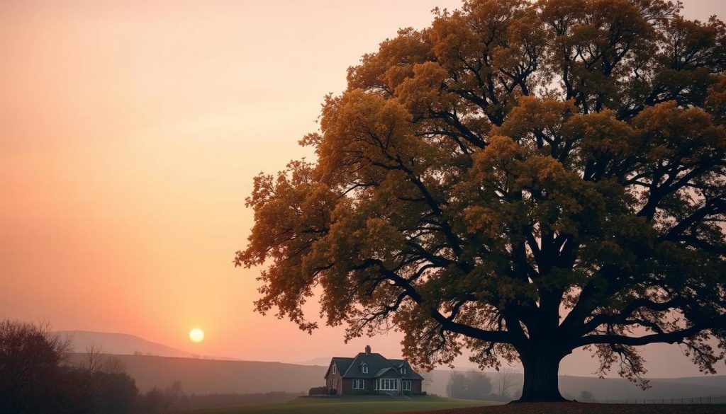 A serene, autumnal scene featuring a stately oak tree in the foreground, its branches laden with golden leaves. In the middle ground, a cozy cottage nestled among rolling hills, its windows aglow with a warm, inviting light. The background is a vast, hazy sky, tinged with shades of orange and pink as the sun dips below the horizon. The overall mood is one of tranquility and contemplation, with a touch of nostalgic charm that evokes the essence of being "Born in November." Soft, diffused lighting casts a gentle glow across the entire composition, creating a sense of timelessness. The camera angle is slightly elevated, offering a panoramic view of the scene.