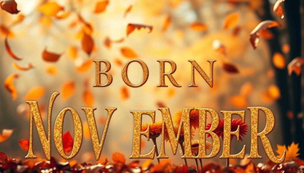 A serene, autumnal scene with a textured "BORN NOVEMBER" headline in the foreground, rendered in a calligraphic, golden-toned font against a backdrop of falling leaves in warm hues of orange, red, and yellow. The leaves swirl and dance through a soft, hazy light, creating a dreamlike atmosphere. In the middle ground, a group of iconic November birth flowers, such as chrysanthemums and topaz-colored gems, add depth and natural elements to the composition. The overall mood is one of reflection, contemplation, and the beauty of the changing seasons.