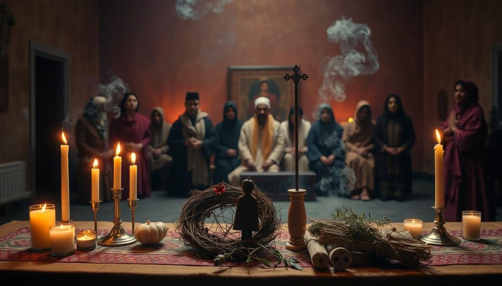 A serene, contemplative scene depicting various cultural observances on November 30th. In the foreground, a table is set with festive candles, incense, and symbolic objects representing different traditions - a wreath, a carved wooden figure, a bundle of herbs. In the middle ground, people of diverse backgrounds gather in quiet meditation or casual conversation, dressed in traditional attire. The background features a warm, dimly lit interior with rich, textured walls, suggesting an old building or place of gathering. The lighting is soft and atmospheric, creating a sense of reverence and timelessness. The overall mood is one of thoughtful reflection on the observances, name days, and cultural heritage associated with this particular day.