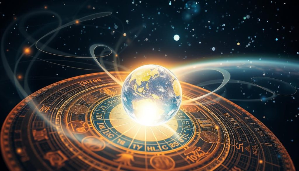 A serene, cosmic atmosphere envelops a detailed astrological birth chart. The foreground features the celestial wheel with intricate symbols of the zodiac signs, planets, and houses, all rendered in a rich, jewel-toned palette. Wisps of ethereal energy emanate from the chart, creating an immersive, mystical ambiance. The middle ground showcases a glowing, crystalline horoscope orb, casting a soft, otherworldly light upon the scene. In the background, a vast, starry night sky unfolds, hinting at the infinite expanse of the universe and the profound interconnectedness of all celestial bodies. This image captures the essence of birth date astrology, inviting the viewer to explore the profound insights hidden within the cosmic tapestry.
