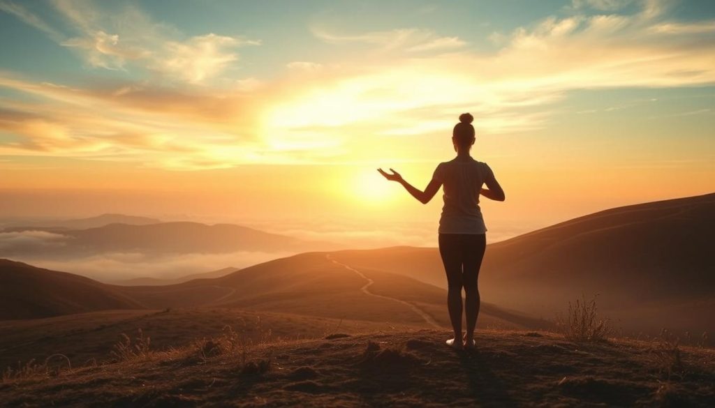 A serene, ethereal landscape depicting the essence of "life path 5". In the foreground, a figure stands in a meditative pose, symbolizing the pursuit of freedom and exploration. The middle ground features a winding path leading into the distance, inviting the viewer to embark on a journey of self-discovery. The background showcases a breathtaking sky with warm, golden hues, creating a sense of optimism and boundless possibilities. The overall composition conveys a harmonious balance between inner reflection and outward expression, capturing the essence of the "life path 5" concept. Soft, diffused lighting and a dreamy, atmospheric quality enhance the contemplative mood.