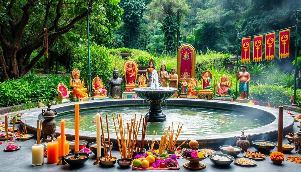 A serene garden setting with a central fountain surrounded by various symbolic objects representing different cultural and religious observances. In the foreground, a collection of candles, incense sticks, and small offerings such as flowers and fruits. In the middle ground, a group of ornate statues, figurines, and banners depicting diverse deities and spiritual symbols. The background features a lush, overgrown garden with a sense of timelessness, suggesting the enduring nature of these observances. The lighting is soft and diffused, creating a contemplative and reverent atmosphere. The composition is balanced and harmonious, inviting the viewer to explore the rich tapestry of diverse cultural and spiritual traditions.