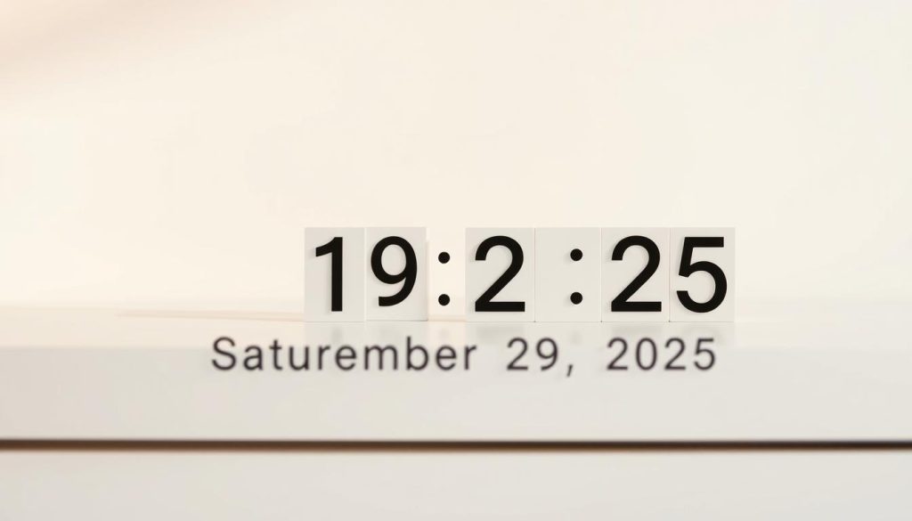 A serene, minimalist composition depicting the date, day of the week, and time on a clean white surface. A crisp, high-resolution digital photograph with shallow depth of field, warm natural lighting, and a soft, muted color palette. The date "Saturday, November 29, 2025" is prominently displayed in a modern, sans-serif typeface, with the day of the week and current time subtly integrated. The layout is balanced and symmetrical, evoking a sense of calm and simplicity. No distracting elements, just a clean, elegant visual snapshot of the day.