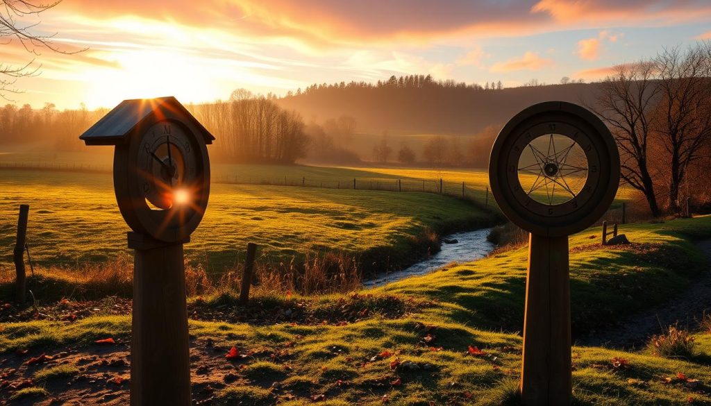 A serene November morning in a tranquil countryside setting. In the foreground, a rustic wooden sundial casts long shadows as the sun slowly rises, its golden rays illuminating the scene. In the middle ground, a lush meadow dotted with autumn foliage and a babbling brook. The sky above is a tapestry of warm hues, with wispy clouds painted in shades of pink and orange, hinting at the day's astrological influences. The overall atmosphere is one of peaceful contemplation, inviting the viewer to pause and reflect on the rhythms of nature and the passing of time.