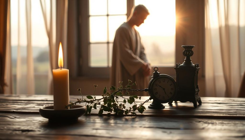 A serene scene of observances, captured in a soft, warm light. In the foreground, a collection of symbolic objects - a flickering candle, a sprig of fragrant herbs, and an ornate timepiece - resting on a weathered wooden table. The middle ground reveals a contemplative figure, dressed in flowing robes, gazing pensively at the items before them. In the background, a window frames a tranquil pastoral landscape, bathed in the golden glow of the setting sun. The atmosphere is one of quiet contemplation, inviting the viewer to pause and reflect on the significance of the day's observances, name days, and weekly context.