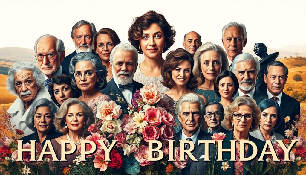 A sophisticated collage of notable people's portraits, capturing the essence of their birthdays. A vibrant foreground showcases a diverse array of famous individuals, from scientists and artists to politicians and entertainers, each with a distinct aura and captivating gaze. The middle ground features delicate floral arrangements and intricate patterns, complementing the subjects' personas. The background is a soft, ethereal landscape, hinting at the timeless nature of these celebrated lives. Warm, natural lighting illuminates the scene, creating a sense of reverence and admiration. The overall composition conveys the significance of these individuals' birthdays and their impact on the world.