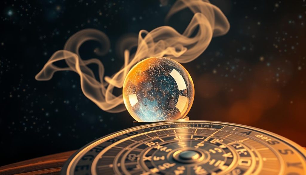 A starry night sky illuminates a mystical crystal ball, its shimmering surface reflecting the ethereal glow of the cosmos. Wisps of swirling mist dance around the ball, hinting at the secrets it holds. In the foreground, an intricate horoscope wheel is meticulously detailed, its symbols and zodiac signs etched in silver. Soft, warm lighting casts a dreamlike ambiance, creating a sense of wonder and anticipation. The scene evokes a sense of contemplation and divination, inviting the viewer to peer into the birthday forecast for November 19, 2025.