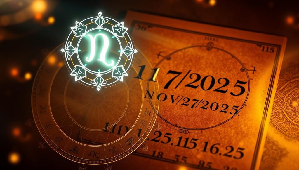 A stunning astrological illustration showcasing the date facts for November 27, 2025. In the foreground, a beautifully rendered zodiac circle, each sign represented by its iconic symbol. Floating above, a glowing numerological diagram, the numbers 2 and 7 prominently displayed. In the background, a rich, textured calendar page, the date 11/27/2025 highlighted with an elegant calligraphic flourish. Soft, warm lighting bathes the scene, creating a sense of mysticism and wonder. The overall composition is visually striking, perfectly capturing the essence of the date's significance in terms of horoscopes, numerology, and calendar details.