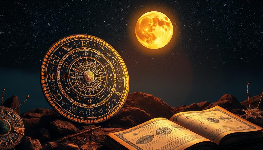 A stunning celestial landscape, illuminated by a full moon casting a warm, ethereal glow. In the foreground, a zodiac wheel takes center stage, its intricate symbols and patterns etched in shimmering metallic inks. Surrounding the wheel, astrological motifs dance across the canvas - crescent moons, shooting stars, and cascading planets in a rich, saturated palette. The middle ground features an ancient tome, its pages open to reveal mystic symbols and divination tools, hinting at the deep insights to be gleaned from the heavens. In the distance, a starry night sky stretches out, cradling the entire scene in a sense of timeless wonder and cosmic possibility.