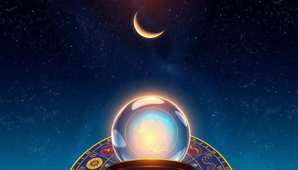 A stunning daily horoscope illustration set against a starry night sky. In the foreground, a vibrant astrological wheel with zodiac symbols and planetary motifs. In the middle ground, a serene crystal ball reflecting the celestial patterns. The background features a rich, midnight-blue expanse with twinkling stars and a crescent moon casting a soft, ethereal glow. The lighting is warm and mystical, capturing the essence of divination and cosmic energies. Rendered in a detailed, hyperrealistic style with a focus on intricate textures and luminous effects.