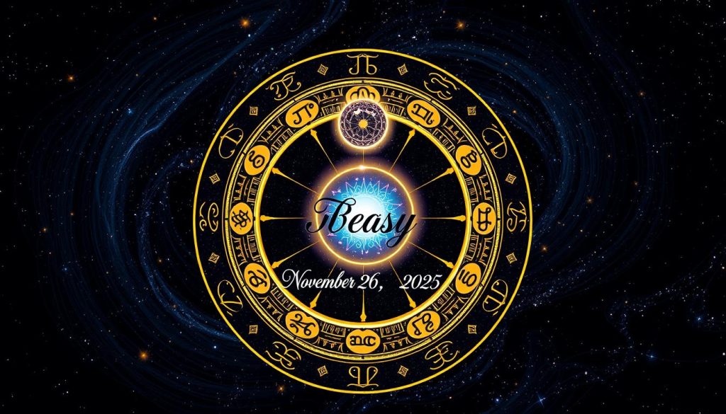 A stylish and sophisticated daily horoscope display set against a starry, midnight sky. In the foreground, a zodiac wheel with intricate astrological symbols and a central crystal orb glowing with mystical energy. In the middle ground, the horoscope text for November 26, 2025, rendered in an elegant, cursive font. The background features a swirling galaxy of cosmic patterns and celestial bodies, all illuminated by a warm, atmospheric lighting that conveys a sense of wonder and divination. The overall composition is balanced and harmonious, creating a visually captivating representation of the day's astrological predictions.
