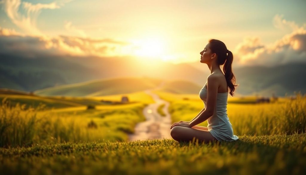 A tranquil, contemplative scene depicting the Life Path number 3. In the foreground, a serene figure sits cross-legged, eyes closed, hands resting gently in their lap, conveying a sense of inner peace and balance. The middle ground features a meandering path leading into a lush, verdant landscape, symbolizing the journey and adaptability associated with this life path. In the background, a warm, golden light filters through wispy clouds, casting a soft, ethereal glow over the scene. The overall mood is one of introspection, creativity, and a harmony between the individual and their environment.