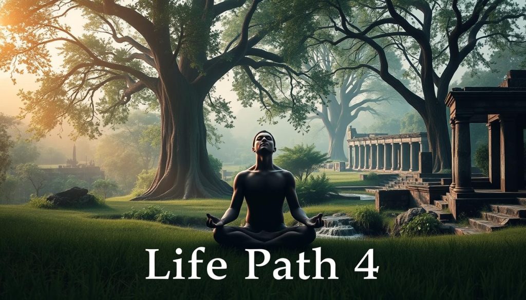 A tranquil, introspective scene depicting the "Life Path 4" archetype. In the foreground, a serene figure sits cross-legged, their eyes closed in deep meditation, radiating a sense of inner peace and purpose. The middle ground features a lush, verdant landscape, with towering trees and a gently flowing stream. Soft, diffused lighting filters through the canopy, creating a warm, ambient glow. In the background, ancient ruins and weathered stone structures hint at the passage of time and the cyclical nature of existence. The overall atmosphere evokes a feeling of grounded stability, practical wisdom, and a connection to the natural world.