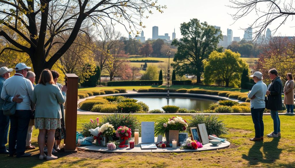 A tranquil, sun-dappled scene of meaningful observances on April 11. In the foreground, a group of people gather around a simple yet elegant memorial, adorned with flowers, candles, and personal mementos. The middle ground features a serene park or garden setting, with lush greenery and a peaceful pond. In the background, a picturesque skyline with soft, warm lighting creates a contemplative atmosphere. The overall mood is one of reverence, reflection, and a sense of community coming together to mark this special day. The composition is balanced, with a mix of natural and man-made elements, inviting the viewer to pause and thoughtfully engage with the scene.