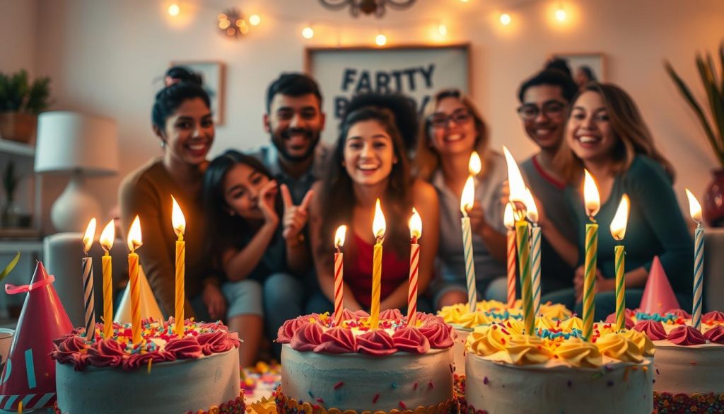 A vibrant and celebratory birthday scene, set against a warm, softly lit background. In the foreground, an arrangement of colorful birthday cakes, candles ablaze, surrounded by a scattering of party hats, streamers, and confetti. The cakes are adorned with glossy frosting and playful decorations, casting a festive glow. In the middle ground, a group of joyful, diverse individuals gathered to celebrate, their faces illuminated by the candlelight, expressions filled with laughter and excitement. The background features a cozy, intimate setting, perhaps a homey living room or dining area, with subtle touches of decor that evoke a sense of comfort and togetherness. The lighting is gentle and romantic, creating a warm, celebratory atmosphere that invites the viewer to imagine themselves in the moment, celebrating a special day.