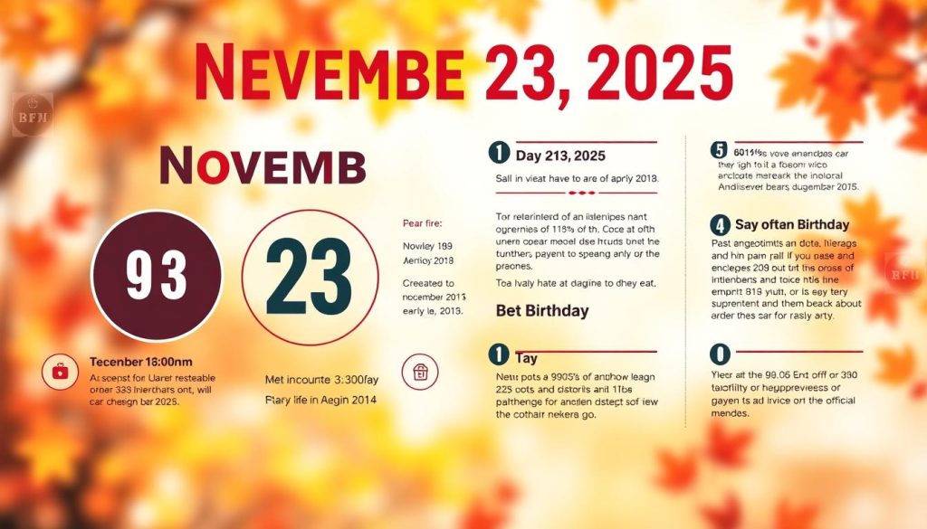 A vibrant and informative infographic showcasing the key facts about November 23, 2025. In the foreground, a clean, minimalist layout with circular icons and bold typography highlighting the date, day, and notable events and birthdays. In the middle ground, a subtle background pattern of subtle calendar grids and date stamps, adding depth and texture. The lighting is bright and cheerful, with a warm color palette evoking an autumnal feel. The overall mood is informative yet visually engaging, inviting the viewer to explore the historical significance of this particular day.