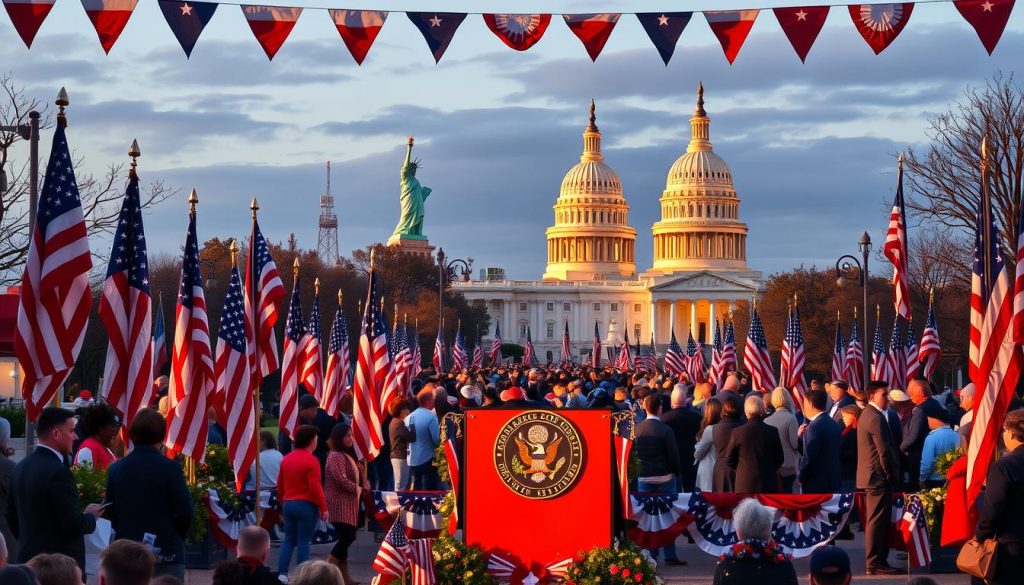 A vibrant and patriotic scene depicting various U.S. observances and commemorations on November 28th. The foreground features a display of American flags, red, white, and blue bunting, and a podium adorned with the Great Seal. In the middle ground, diverse groups of people gather, representing the inclusive spirit of the nation's observances. The background showcases iconic landmarks like the Statue of Liberty and the U.S. Capitol building, bathed in warm, golden lighting to convey a sense of pride and celebration. The overall composition exudes a mood of unity, patriotism, and the rich tapestry of American cultural heritage.