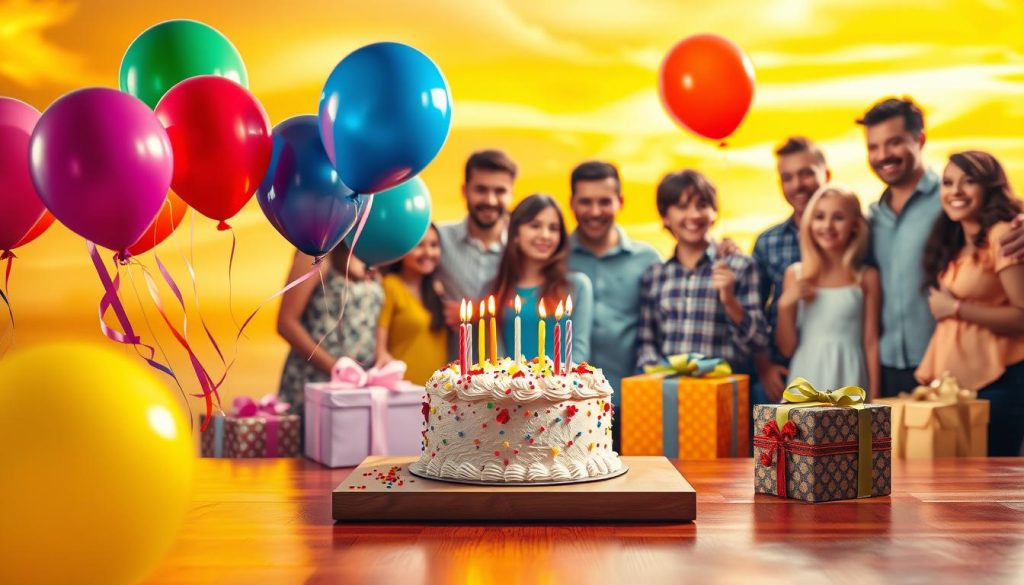 A vibrant and whimsical birthday scene, set against a warm, golden sky with soft, wispy clouds. In the foreground, a playful assortment of colorful birthday balloons dances in the gentle breeze, their ribbons flowing gracefully. Centered in the middle ground, a beautifully decorated birthday cake adorned with flickering candles stands on a polished wooden table, surrounded by a selection of presents wrapped in festive paper and bows. In the background, a gathering of friends and family members, their faces alight with joy and anticipation, celebrate the special occasion. The entire scene is bathed in a soft, diffused lighting that emanates a sense of warmth and celebration, perfectly capturing the spirit of a memorable birthday.