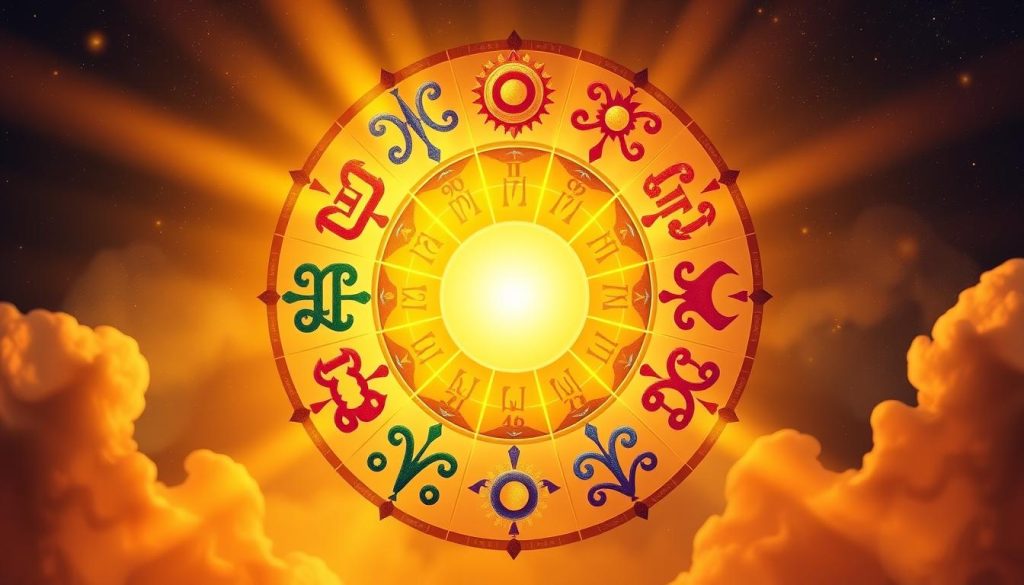 A vibrant, astrological illustration of the 12 sun signs, artfully arranged in a circular composition. The signs are depicted as stylized, abstract symbols, each with a distinct color and geometric pattern that evokes its archetypal energy. A warm, golden light bathes the scene, casting soft shadows and creating an atmospheric, celestial ambiance. The overall design is visually striking and elegantly balanced, evoking the timeless wisdom and mystical nature of the zodiac. The image conveys a sense of harmony, cosmic order, and the interconnectedness of the celestial forces that govern our lives.