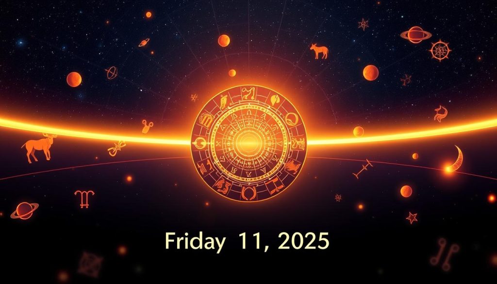 A vibrant astrological scene depicting daily horoscopes for Friday, July 11, 2025. In the foreground, a constellation of zodiac symbols - Aries, Taurus, Gemini, and others - float against a starry night sky, casting a warm, ethereal glow. In the middle ground, a circular zodiac wheel is surrounded by planets, moons, and celestial motifs, hinting at the day's astrological insights. The background features a sleek, minimalist design with a soft gradient, creating a sense of balance and timelessness. The lighting is soft and diffused, evoking a serene, contemplative mood. The overall composition is clean, elegant, and visually engaging, perfectly capturing the essence of daily horoscopes.