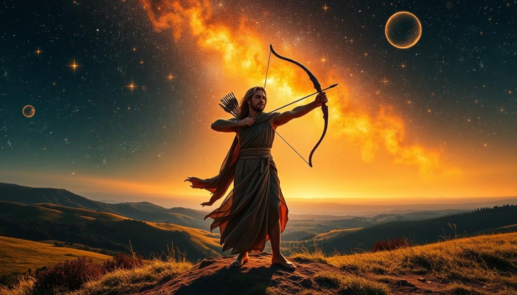 A vibrant, astrological scene depicting the birthday of a Sagittarius. In the center, a majestic archer figure stands proud, adorned with a flowing robe and a quiver of arrows. Shimmering stars and celestial orbs dance across the night sky, casting a warm, golden glow over the scene. In the background, a lush, verdant landscape unfolds, with rolling hills and a distant horizon. The overall atmosphere is one of mysticism, adventure, and the boundless energy of the Sagittarius spirit. Subtle lighting and a cinematic camera angle emphasize the sense of grandeur and the individual's connection to the cosmos.