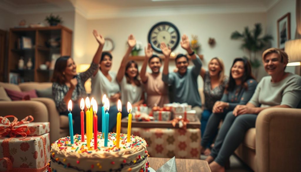 A vibrant birthday celebration with a lively gathering of family and friends in a warm, inviting home. In the foreground, a beautifully decorated cake with colorful candles glowing, surrounded by an array of presents wrapped in festive papers. In the middle ground, a group of people smiling and laughing, raising their hands in a joyful toast. The background features a cozy living room setting, with plush furniture, a fireplace, and decorative elements that evoke a sense of comfort and togetherness. The lighting is soft and natural, creating a cozy, intimate atmosphere. The overall scene conveys the excitement and happiness of a meaningful birthday celebration.