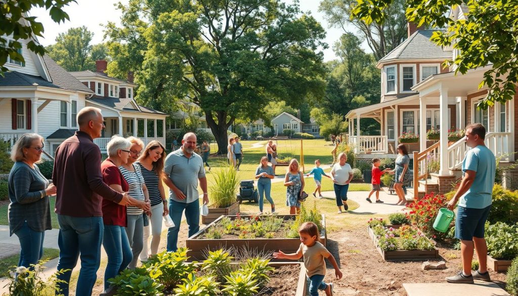 A vibrant, close-knit neighborhood community bustling with activity. In the foreground, a group of neighbors gathered on a sunny day, chatting and laughing as they tend to a communal garden. In the middle ground, children play on a nearby swing set, their joyful laughter echoing through the tree-lined streets. In the background, quaint houses with well-kept yards and blooming flower beds line the sidewalks, creating a sense of warmth and belonging. The scene is illuminated by soft, natural lighting, capturing the essence of a thriving, inclusive community coming together to celebrate the day. A sense of togetherness, shared responsibility, and neighborhood pride permeates the entire frame.