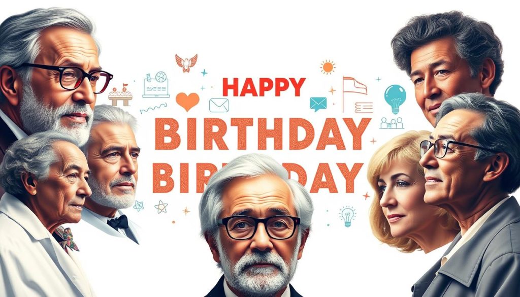 A vibrant collage depicting notable birthdays across diverse fields, set against a refined, minimalist backdrop. The foreground features lifelike portraits of eminent figures, their expressions capturing the spirit of their remarkable achievements. In the middle ground, symbolic icons and visual motifs represent their respective areas of impact - scientists, artists, leaders, and innovators. The background maintains a clean, understated elegance, allowing the central subjects to shine. Careful use of lighting, angles, and composition create a visually striking, cohesive scene that celebrates the enduring legacies of these groundbreaking individuals.