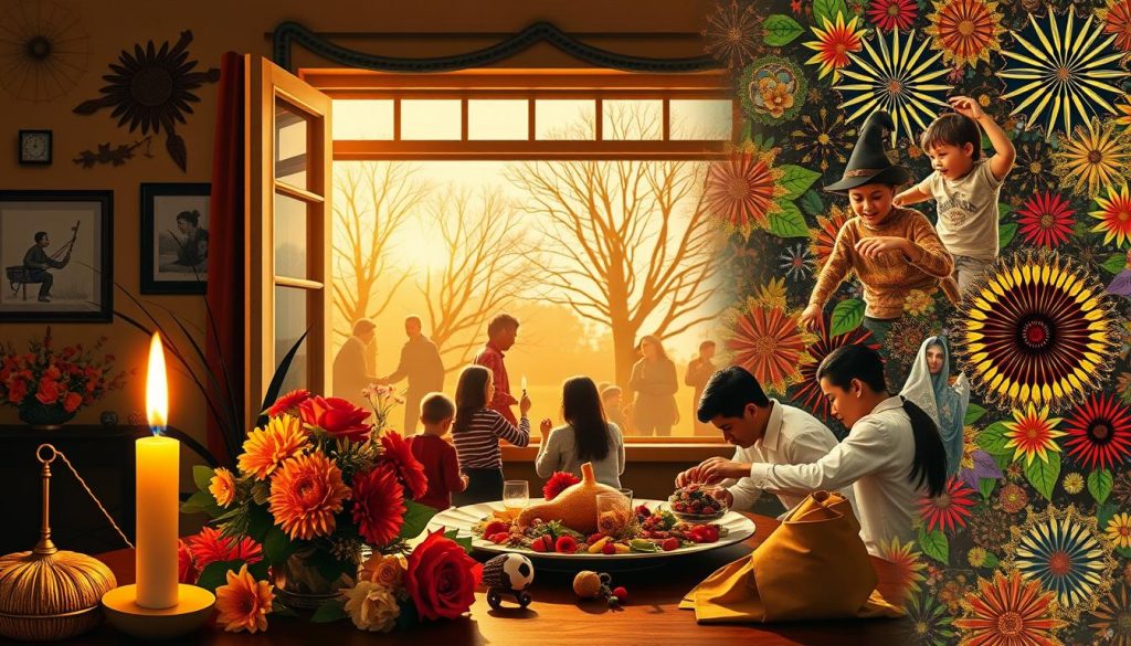 A vibrant collage depicting the varied observances and ways to mark November 13 in the United States. In the foreground, an assortment of symbolic objects - a burning candle, a bouquet of flowers, a family gathering around a festive table. In the middle ground, a window offering a glimpse of the outside world, with people engaged in different activities - a child playing with a toy, a group of friends strolling down the street, a person tending to a garden. In the background, a kaleidoscope of colors and patterns representing the diversity of cultural traditions and celebrations. Warm, soft lighting casts a cozy, welcoming atmosphere, inviting the viewer to immerse themselves in the richness of this special day.