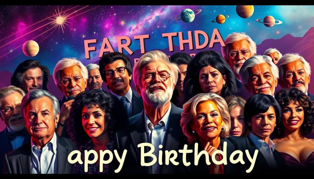 A vibrant, colorful celebration of famous birthdays, with a diverse ensemble of stars and celebrities in the foreground, set against a dynamic, ethereal background featuring celestial elements like shooting stars, planets, and a dreamy, galaxy-inspired landscape. Dramatic lighting casts dramatic shadows, highlighting the subjects' features and expressions, conveying a sense of energy, excitement, and the unique individual personalities of the famous figures depicted. The composition is balanced, with a strong emphasis on the central figures, while the background provides a visually stunning and captivating context.