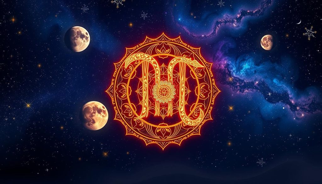 A vibrant, detailed zodiac sign illustration set against a starry night sky. In the foreground, a large, ornately designed zodiac symbol glows with an otherworldly luminescence, its intricate patterns and symbols capturing the mystical essence of astrology. In the middle ground, celestial elements like moons, planets, and twinkling stars create a captivating, otherworldly atmosphere. The background depicts a deep, inky night sky, with swirling nebulae and distant galaxies adding to the cosmic, astrological feel. Soft, diffused lighting casts a warm, enchanting glow over the entire scene, evoking a sense of wonder and discovery. The image should convey a sense of timelessness and the eternal mysteries of the universe.