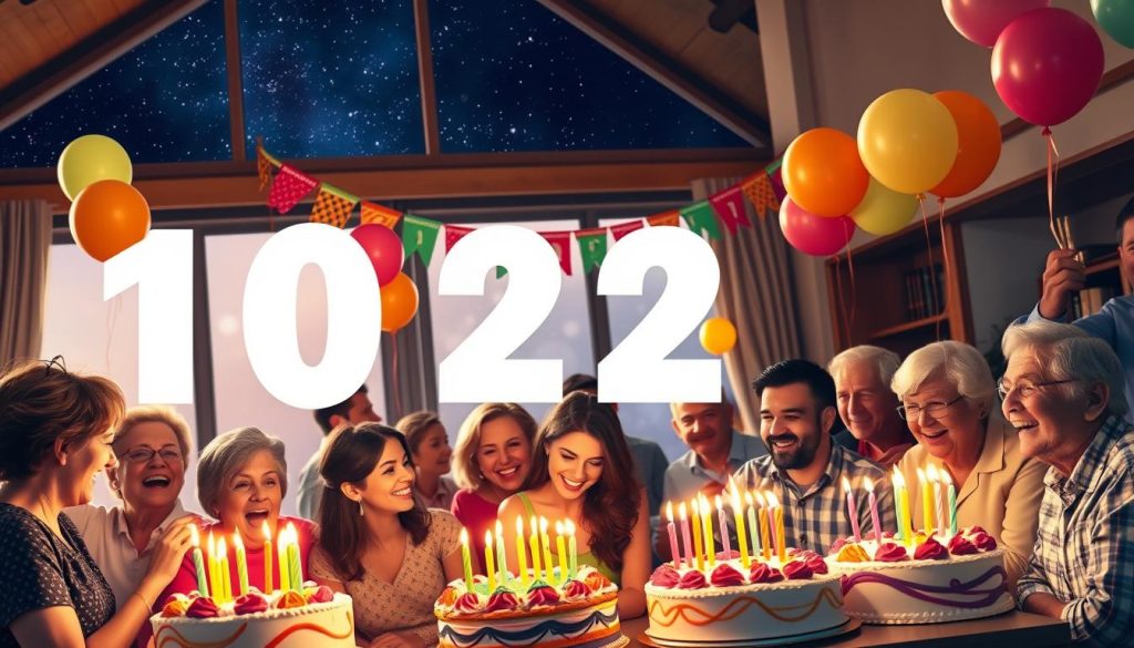 A vibrant, high-resolution image depicting people celebrating their birthdays on a specific day in history. The foreground shows a diverse group of individuals, both young and old, gathered together, laughing and blowing out candles on their birthday cakes. The middle ground features a richly decorated party setting, with colorful balloons, streamers, and a festive banner. The background showcases a warm, cozy interior, with a large window offering a view of a starry night sky. The lighting is soft and warm, creating a sense of joy and celebration. The image conveys the spirit of the special day, with a focus on the shared experience of people born on this date.