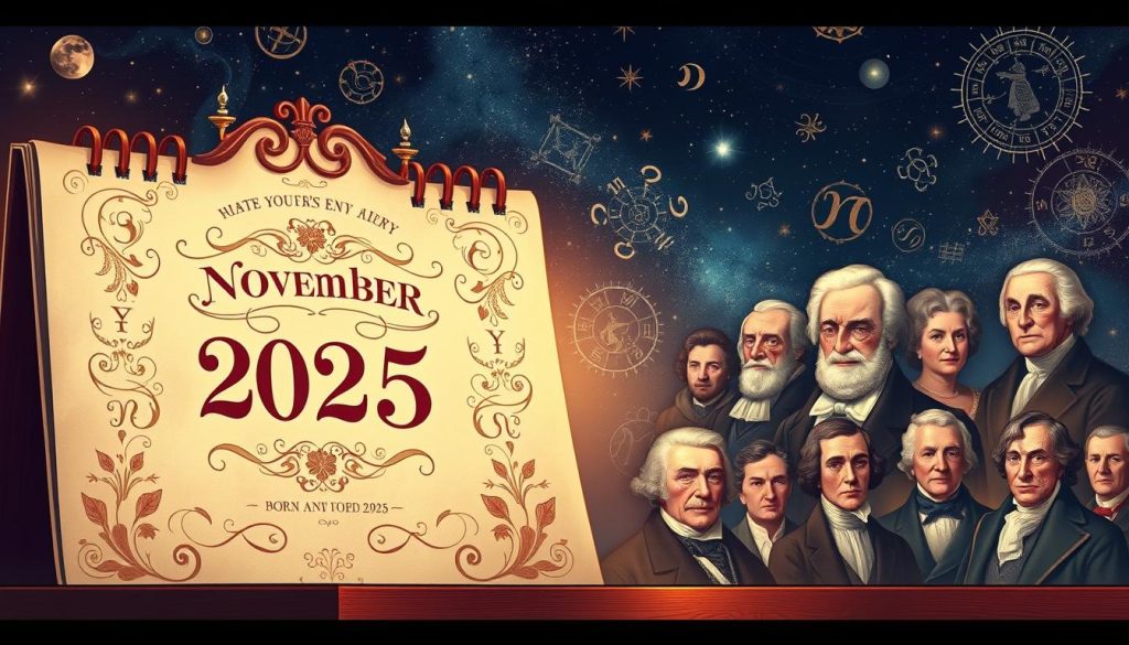A vibrant, historically-inspired illustration showcasing the events, people, and horoscopes of November 30, 2025. Foreground features an ornate calendar page with the date prominently displayed, surrounded by delicate flourishes and classic iconography. Middle ground includes portraits of notable figures born on this date, each rendered in a distinct artistic style. Background depicts a night sky filled with astrological symbols and zodiac signs, casting a mystical, celestial glow over the entire scene. Warm lighting, high contrast, and a muted color palette evoke a sense of timeless elegance and scholarly inquiry.