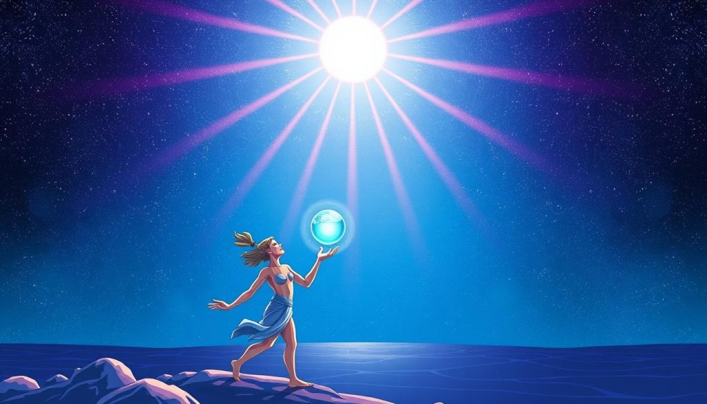 A vibrant horoscope illustration showcasing the astrological sign of Aquarius under the radiant Aquarius sun. In the foreground, a dynamic figure representing the Aquarius symbol - the Water Bearer - holds a glowing, water-like orb, evoking the element of water and the forward-thinking, humanitarian nature of Aquarius. The middle ground features a celestial backdrop with swirling cosmic patterns, hinting at the influence of Uranus, the ruling planet of Aquarius, and its ability to shake up and revolutionize. The background depicts a serene, starry night sky, creating a sense of wonder and mysticism. The overall mood is one of optimism, discovery, and a touch of the unconventional, reflecting the essence of the Aquarius horoscope.