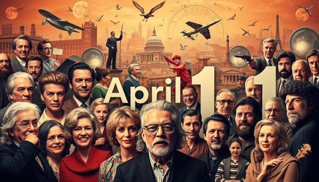 A vibrant montage of notable figures born on April 11, set against a backdrop of iconic imagery and cultural references. In the foreground, portraits of the day's celebrated personalities - from acclaimed actors and musicians to pioneering scientists and visionary leaders. The middle ground showcases symbolic objects and scenes that evoke their life's work and legacies. In the distant background, a collage of historic events, pop culture moments, and astrological motifs weaves a tapestry that captures the spirit of the day. Warm, saturated lighting casts a timeless glow, while a cinematic depth-of-field draws the viewer's eye through the diverse layers of this visually captivating tribute to April 11 birthdays.