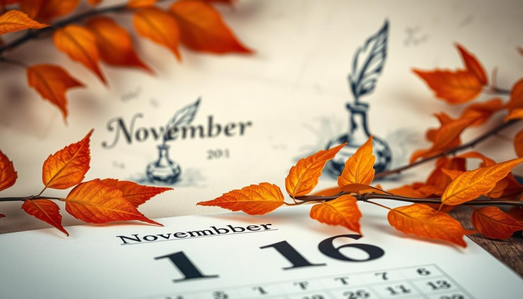 A vibrant November 16th scene, captured in rich detail. In the foreground, a calendar page prominently displays the date, surrounded by delicate autumnal leaves in warm hues of orange and gold. In the middle ground, an elegant ink-drawn illustration of a quill and inkwell evokes the historical significance of the day. The background features a subtly textured, parchment-like surface, evoking a sense of timelessness. Soft, diffused lighting casts a cozy, contemplative atmosphere, inviting the viewer to explore the quick facts and history of this particular date.