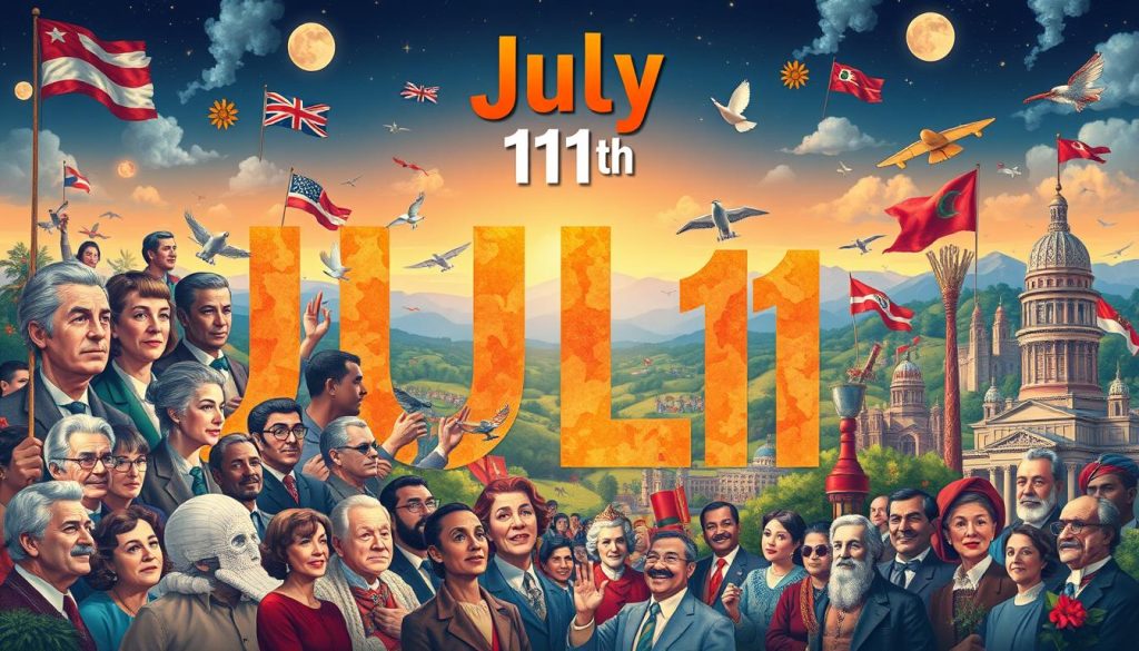 A vibrant, richly detailed illustration depicting the significant events, famous birthdays, and cultural observances of July 11th. In the foreground, a collage of portraits showcases the diverse array of notable individuals born on this day, from actors and musicians to historical figures and pioneers. The middle ground features symbolic representations of key historical moments and celebrations, such as national flags, ceremonial decorations, and cultural artifacts. The background paints a scenic landscape, with architectural landmarks, verdant landscapes, and atmospheric lighting that evokes the spirit of the date. The overall composition conveys a sense of celebration, significance, and the universal human experiences that unite us on this particular day in history.