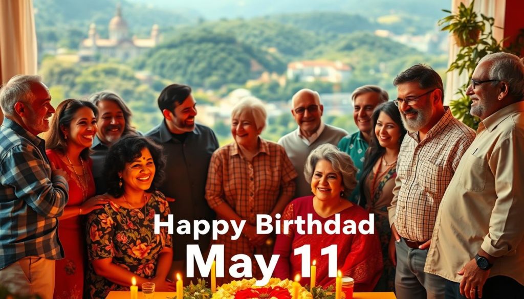 A vibrant, well-lit scene depicting a group of notable figures celebrating their birthdays on May 11. In the foreground, a diverse array of individuals stand or sit, engaged in lively conversation and joyous festivities. Their expressions radiate enthusiasm and a sense of occasion. The middle ground features a backdrop of lush, verdant landscapes or cityscapes, suggesting a serene and inspirational setting. Warm, directional lighting casts an inviting glow, highlighting the subjects' features and creating a sense of depth and dimension. The overall atmosphere evokes a feeling of commemoration, achievement, and the coming together of remarkable individuals on this special day.