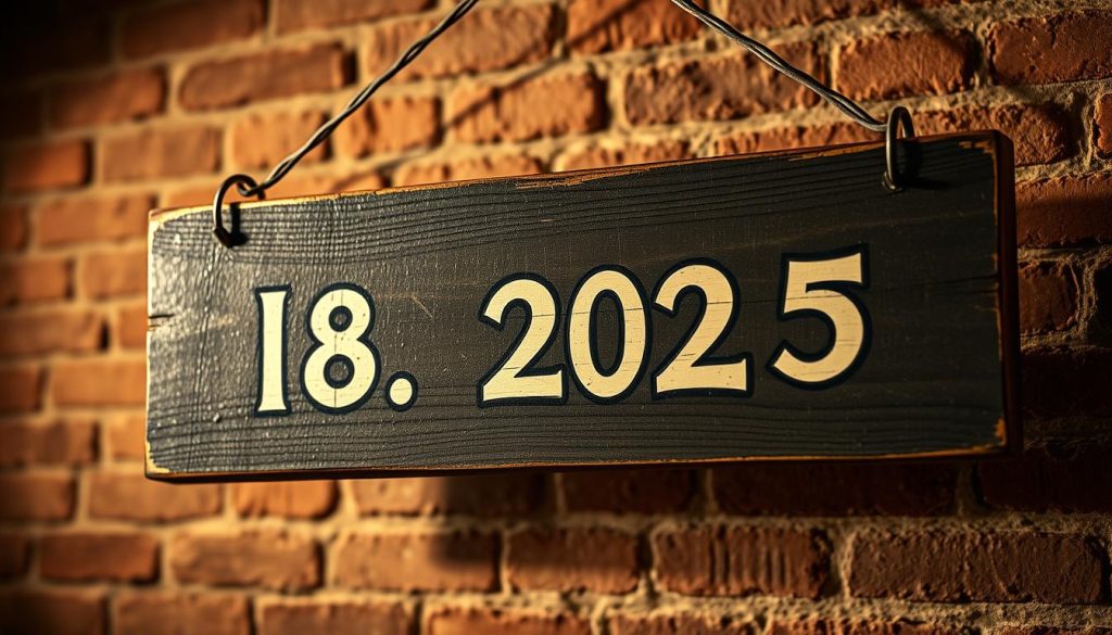 A vintage-style hand-painted wooden sign, weathered and aged, hanging from rustic metal hooks against a textured brick wall. The sign displays the date "November 18, 2025" in bold, stylized lettering, with a subtle drop shadow effect. The background is dimly lit, casting warm, soft lighting across the scene, creating an inviting, nostalgic ambiance. The composition is slightly off-center, adding visual interest and a sense of organic, natural placement. The sign appears worn yet well-maintained, suggesting a historic, timeless quality fitting the date and context.