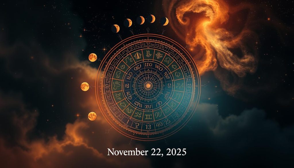 A visually striking astrological forecast for November 22, 2025, featuring a central horoscope wheel surrounded by symbolic celestial elements. The horoscope wheel, rendered in rich, jewel-toned colors, is the focal point, with each zodiac sign depicted in intricate detail. Orbiting the wheel are phases of the moon, swirling nebulae, and twinkling stars, creating a mystical, otherworldly atmosphere. Dramatic lighting, with soft, warm tones in the foreground and deeper, cooler hues in the background, imbues the scene with a sense of mystique and divination. The overall composition evokes the ancient practice of astrology and the enduring human fascination with the cosmos and its influence on our lives.