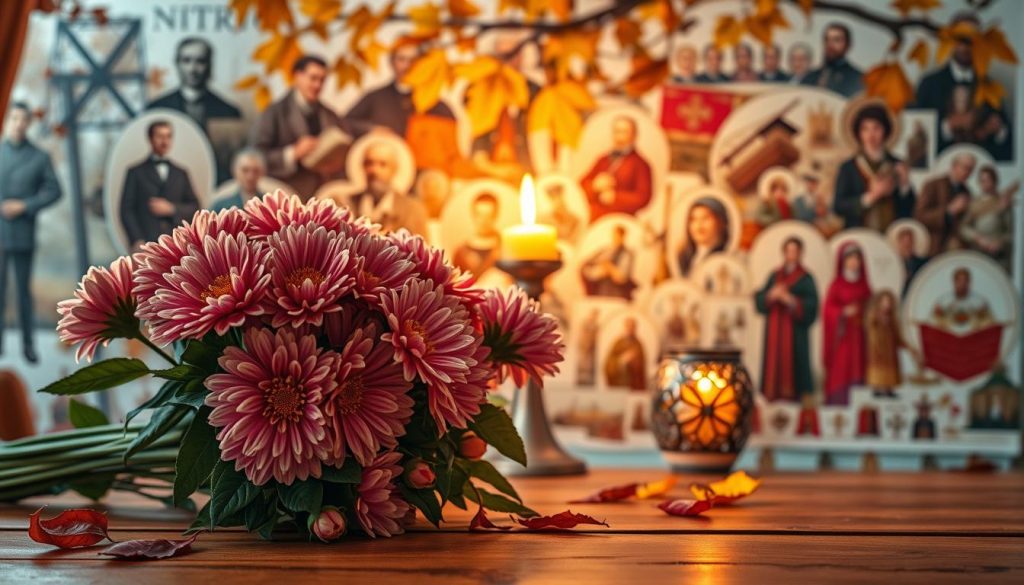 A vivid autumnal scene on a crisp November day, showcasing a variety of observances and themes associated with the 15th of the month. In the foreground, a bouquet of chrysanthemums, the traditional flower of the day, rests on a wooden table, bathed in warm, diffused lighting. In the middle ground, a decorative candle glows, its flame casting a soft, contemplative ambiance. In the background, a collage of historical figures, symbolic icons, and cultural motifs related to November 15th observances subtly fade into the scene, creating a sense of depth and layered significance. The overall atmosphere evokes a mood of reverence, reflection, and the richness of diverse cultural traditions.