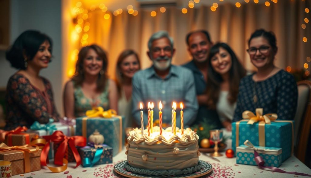 A warm and celebratory scene of a birthday celebration, with a table set for a special occasion. In the foreground, a delicately decorated birthday cake with lit candles takes center stage, surrounded by an assortment of colorful presents, ribbons, and festive decorations. The middle ground features a group of people, perhaps family and friends, gathered around the table, their faces filled with joy and anticipation. The background is softly lit, creating a cozy and inviting atmosphere, with hints of warm lighting and subtle patterns or textures that add depth and character to the scene. The overall mood is one of celebration, togetherness, and the significance of honoring someone's special day.