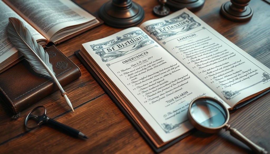 A well-lit, detailed observances report displayed on a wooden desk, with a quill pen, an open leather-bound journal, and a vintage magnifying glass nearby. The report features ornately calligraphed headings, historical dates, and handwritten observations about notable events, birthdays, and commemorations. The overall composition evokes a sense of scholarly research and meticulous record-keeping, with a subdued color palette and soft, natural lighting to create an atmosphere of timeless importance.