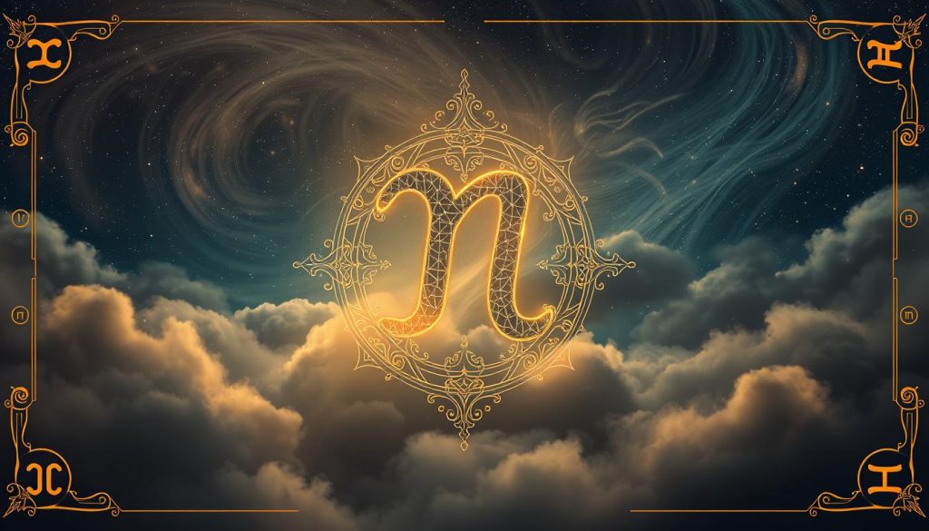 A zodiac sign illustration in a mystical, ethereal style. The zodiac symbol, a detailed astrological emblem, floats in the foreground, glowing with an otherworldly light. Behind it, a starry night sky with swirling clouds and mist creates an atmospheric, dreamlike backdrop. Intricate line work and soft, blended colors give the image a sense of ancient wisdom and esoteric knowledge. Subtle numeric and symbolic elements around the edges add depth and meaning. Warm, diffused lighting casts a gentle, contemplative mood over the entire composition.