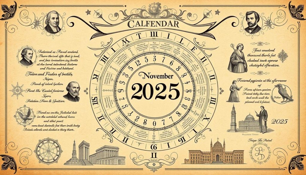 An elegant, antique-inspired illustration depicting a calendar page with intricate calligraphic text and detailed vignettes showcasing significant historical events, notable births, and astrological symbols for the day of November 2, 2025. The foreground features a central circular calendar, framed by ornate flourishes and subtle celestial motifs. In the middle ground, delicate illustrations of historical figures, iconic landmarks, and zodiac symbols surround the calendar. The background suggests a warm, sepia-toned ambiance with subtle textural elements, evoking a sense of timeless sophistication. The overall composition captures the essence of a significant day in history, celebrating the unique confluence of past, present, and future.